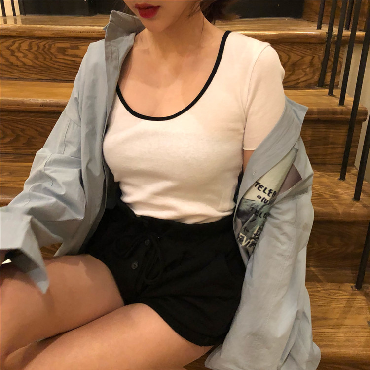 夏季新款韓版chic簡約低圓領修身顯瘦百搭基礎款短袖T恤上衣女